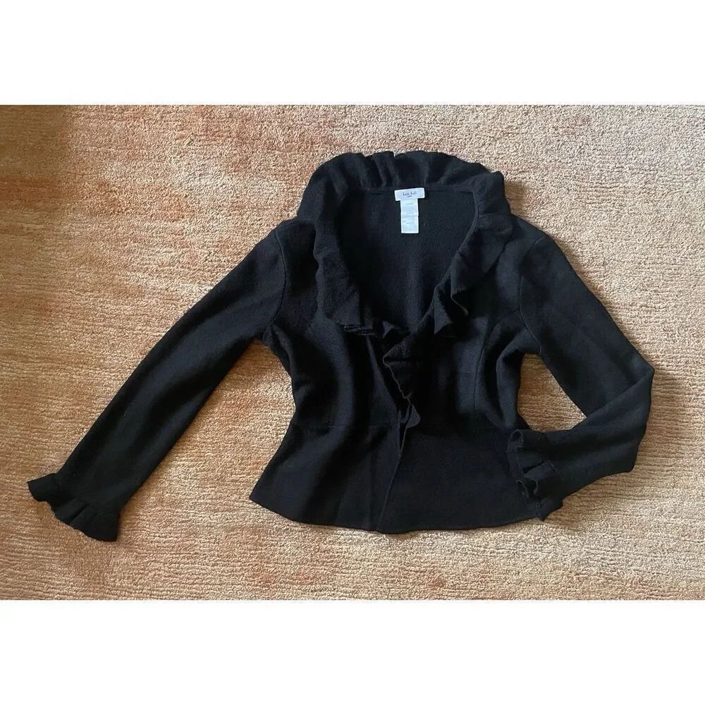 Kate Hill Women's 100% Wool Jacket Black Career Coat Ruffled Front Unlined Sz PM